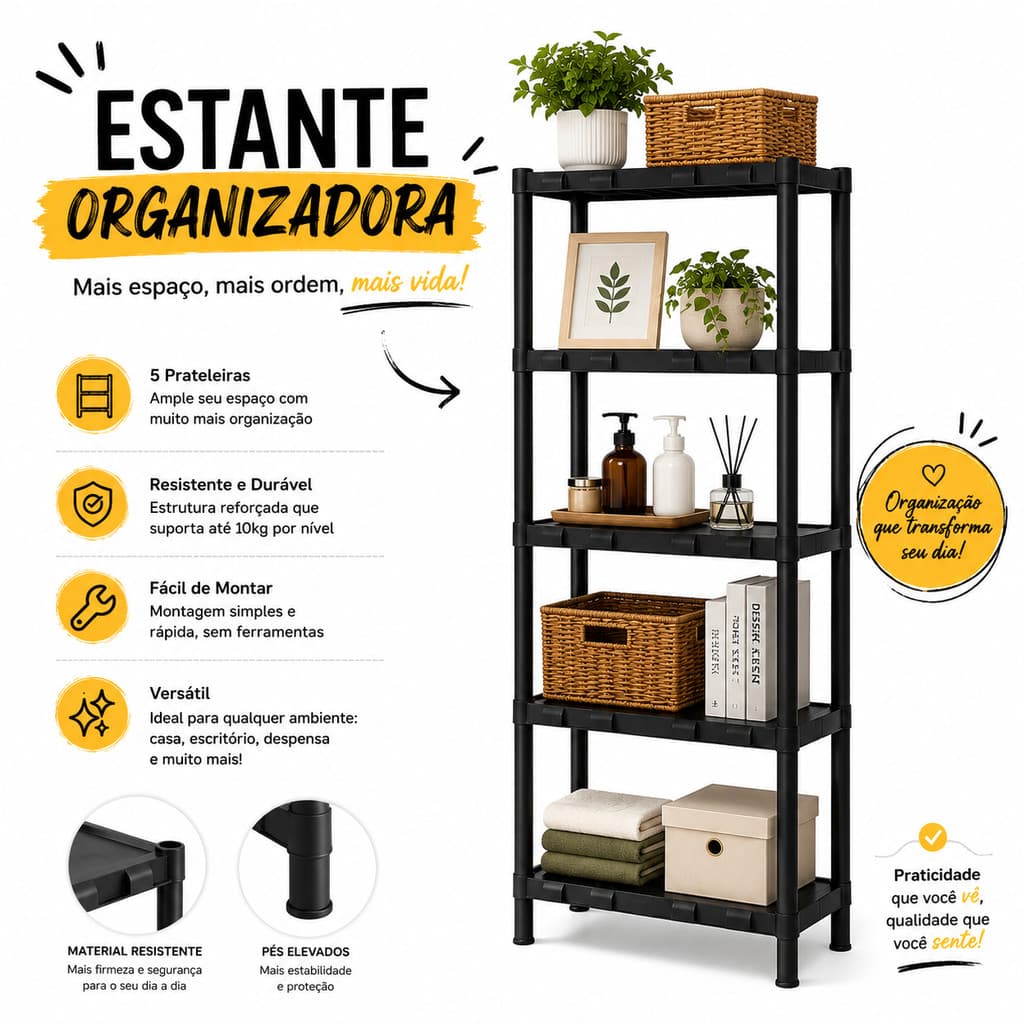 Estante Organizadora Multiuso Plástico Resistente Modular Casa Quarto Cozinha Lavanderia Preto Hack