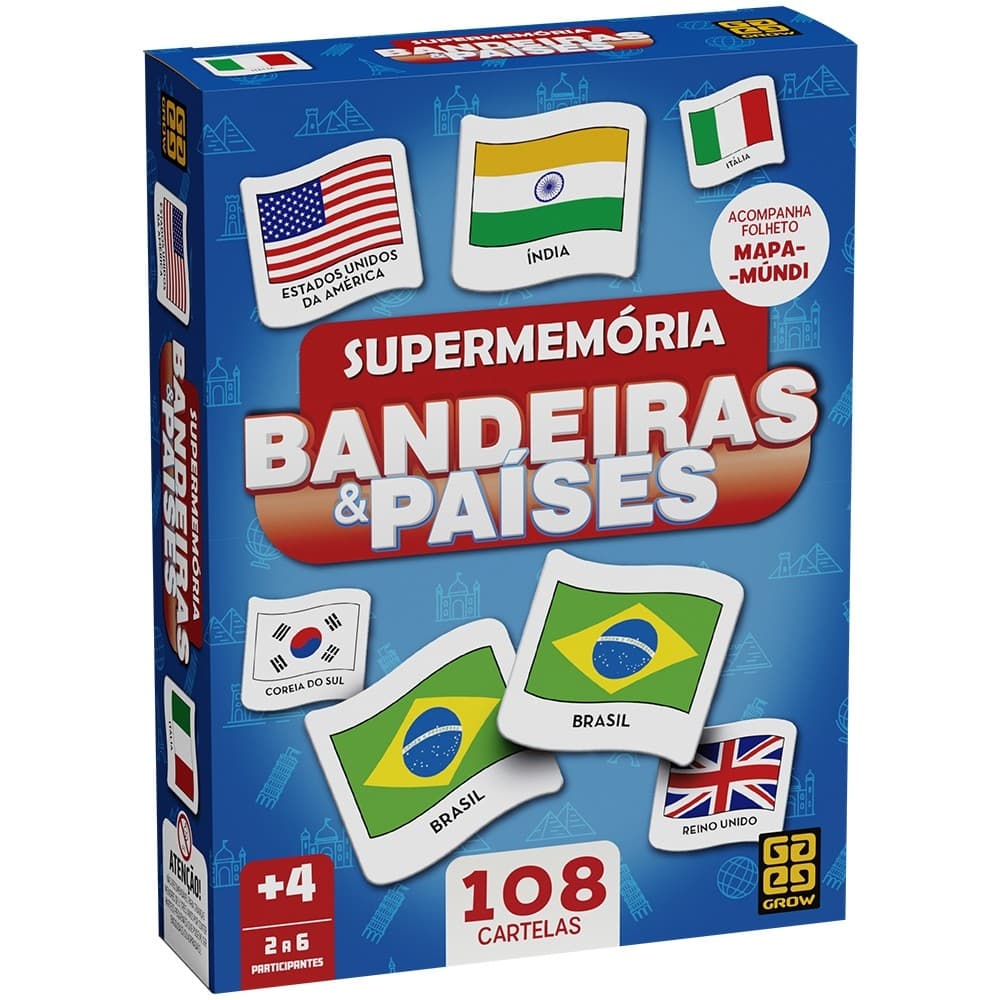 JOGO SUPERMEMÓRIA BANDEIRAS & PAÍSES GROW 108 CARTELAS BRINQUEDOS FAMÍLIA DIVERSÃO MESA CRIANÇAS