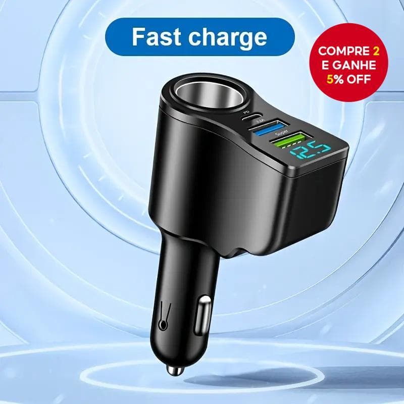  Adaptador de carregador de carro com 3 portas USB e carregamento rápido PD QC3.0 para iPhone e Samsung