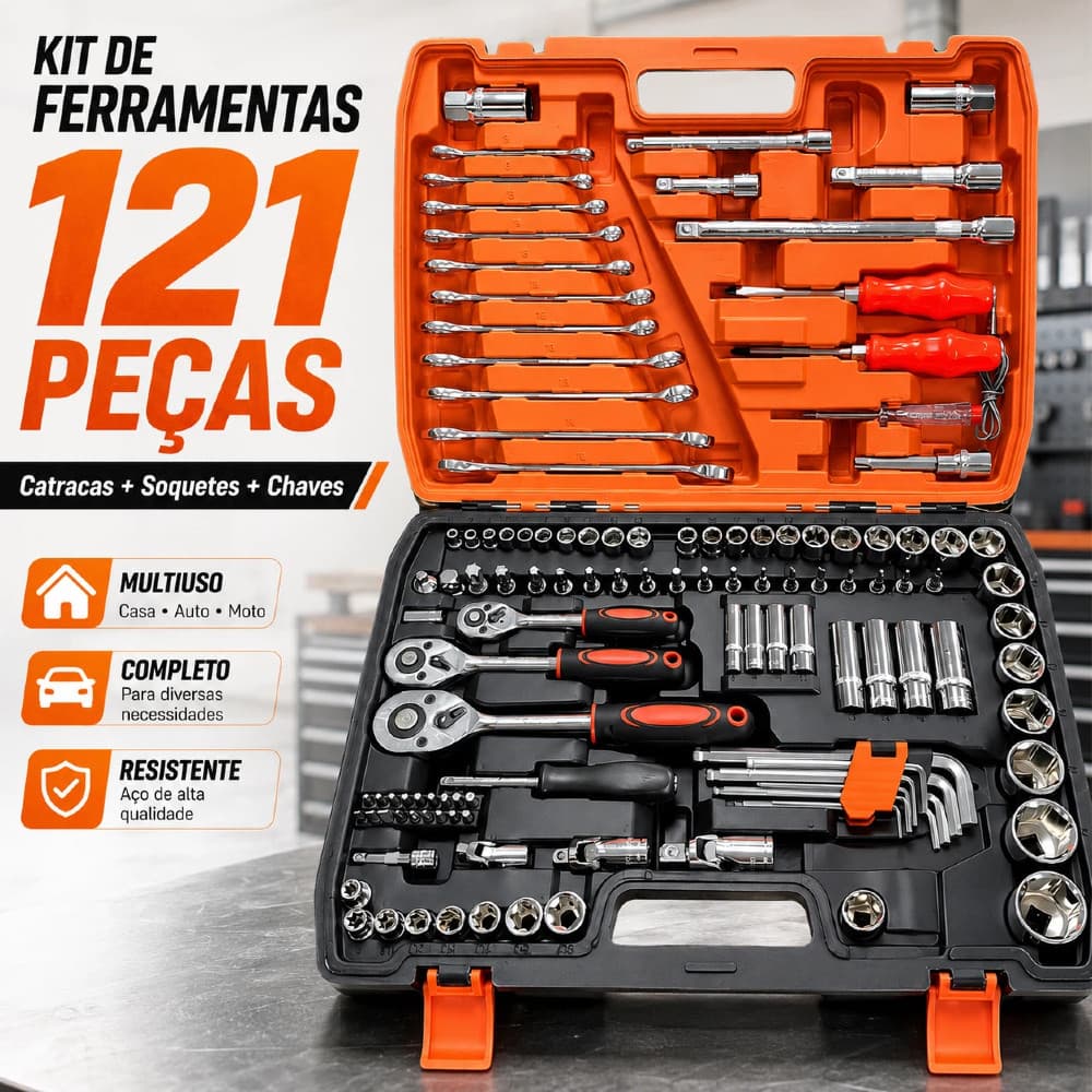 Jogo Caixa De Ferramentas Chave Soquete Catraca Chave Combinada 121 Peças Multi Funções- Pronta Entrega