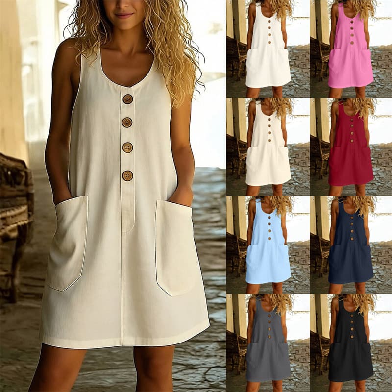 Novo vestido feminino moda Casual cor sólida botão U-pescoço sem mangas algodão linho vestido feminino