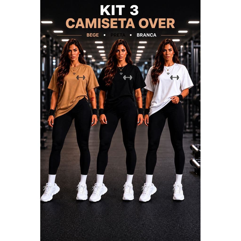 Kit 3 peças Camiseta Blusa Oversized Feminina 100% Algodão Streetwear Halter Academia Esporte