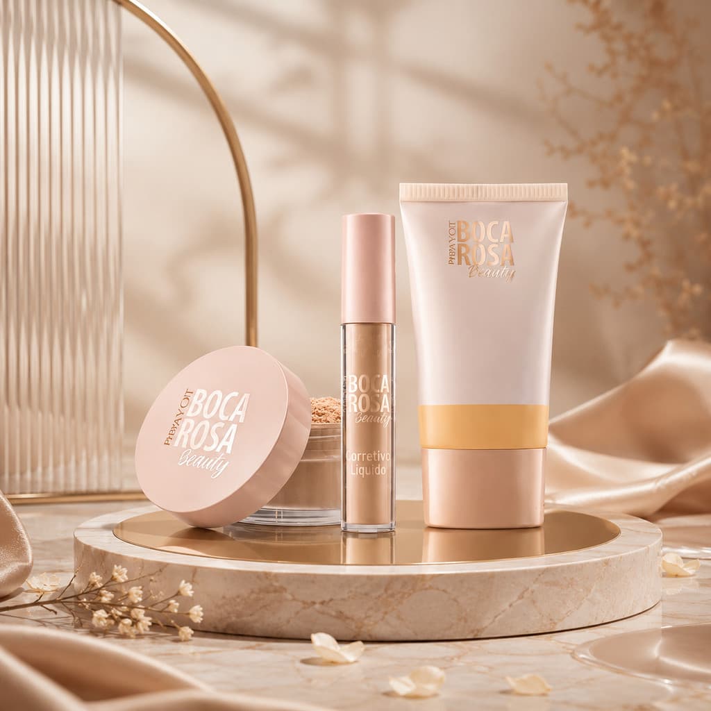 Kit Boca Rosa 3 Itens Base Líquida + Pó Solto + Corretivo Alta Cobertura