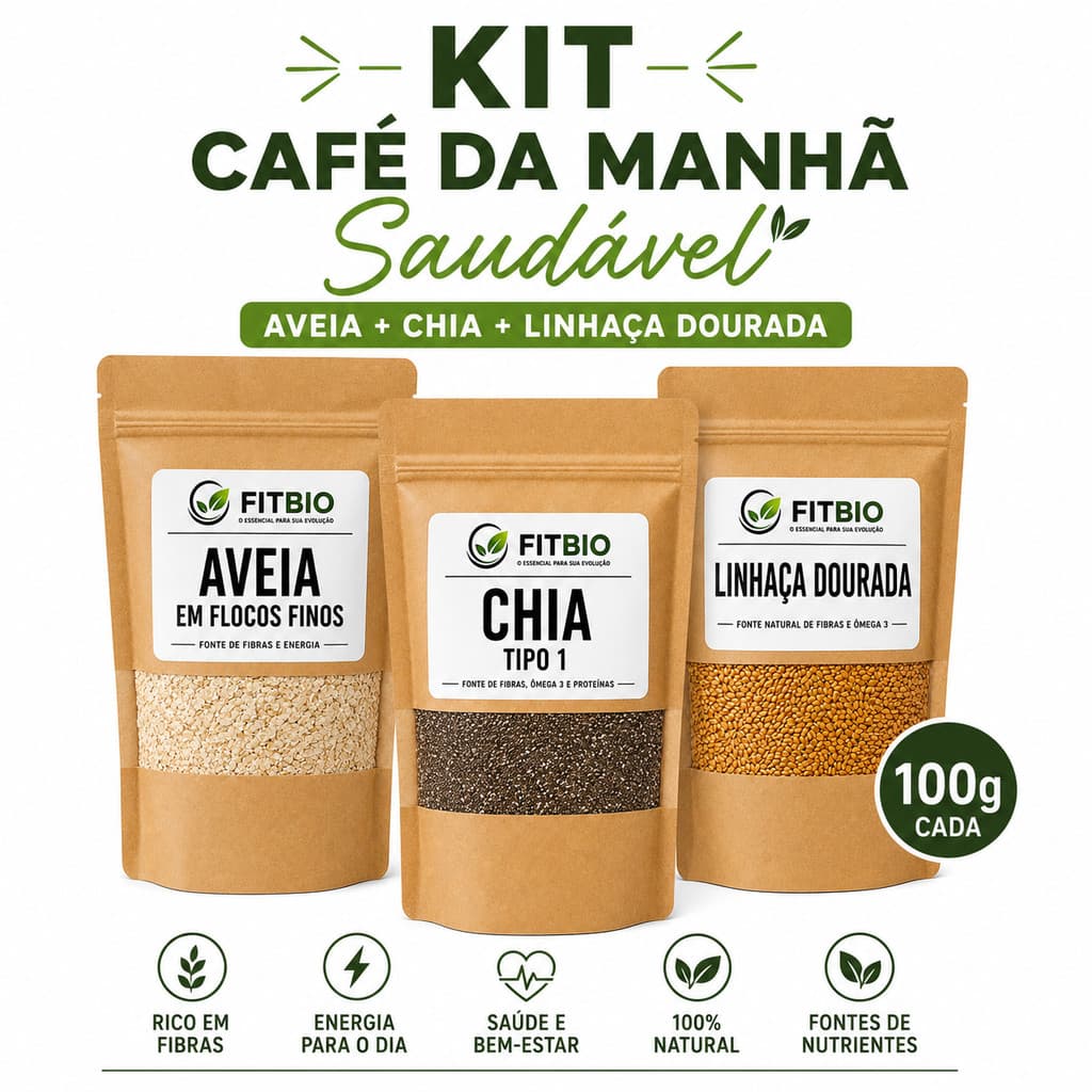 Kit Café da Manhã Saudável - Aveia + Linhaça+ Chia Premium -300g (100g de cada item) Fonte de: Fibras, ômega 3, proteína