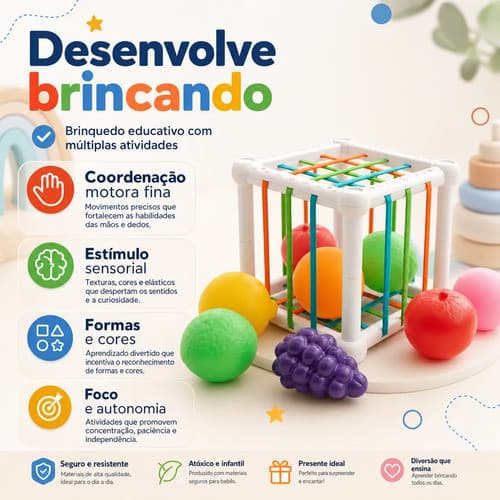 Cubo de Atividades Sensorial Montessori- Brinquedo Educativo de Encaixe de Formas Didático para Bebê