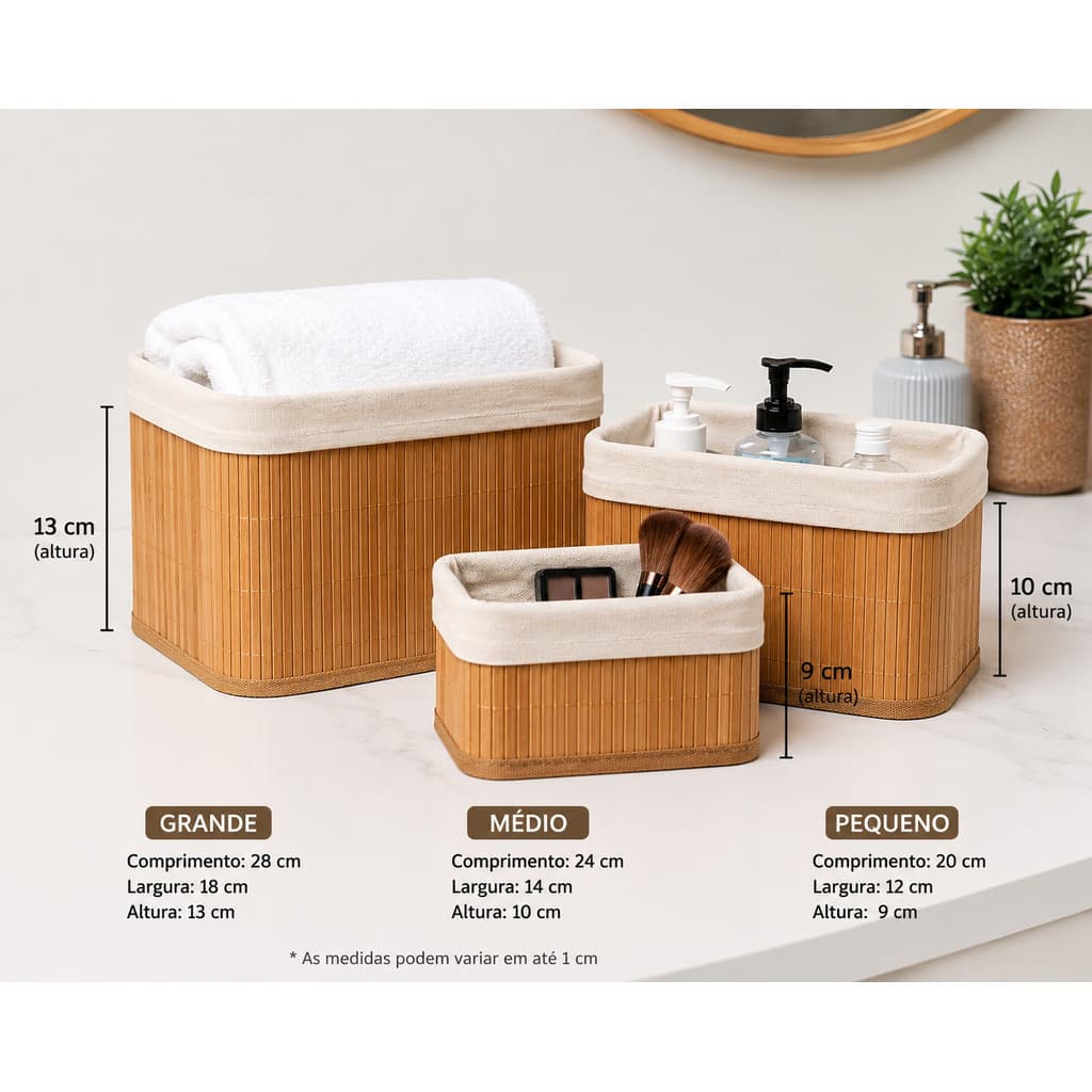 Kit 3 Cestos Organizadores De Bambu Com Forro Multiuso Banheiro Lavanderia Armário Decoração Elegante