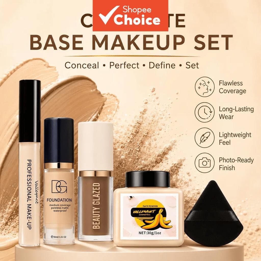 Kit De Maquiagem Facial 5 Peças Com Corretivo , Base Líquida , Contorno , Pó Solto E Sopro Triangular Preto , Acabamento