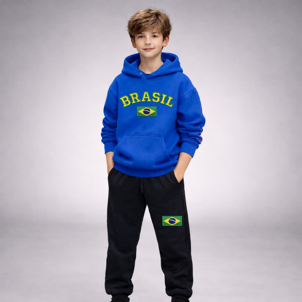 Conjunto Moletom Infantil Brasil com Capuz Estampa DTF Calça Moletom unissex varias cores