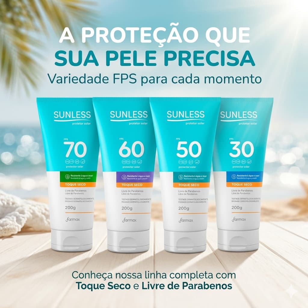 Protetor Solar Corporal e Facial Sunless 200g FPS 30 50 60 ou 70 Toque Seco Resistente à Água Rosto e Corpo