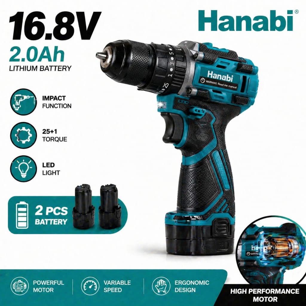 【Hanabi】Furadeira Parafusadeira Impacto Brushless 16.8V 2.0Ah Sem Fio Azul-Petróleo Bivolt Madeira Metal Parede