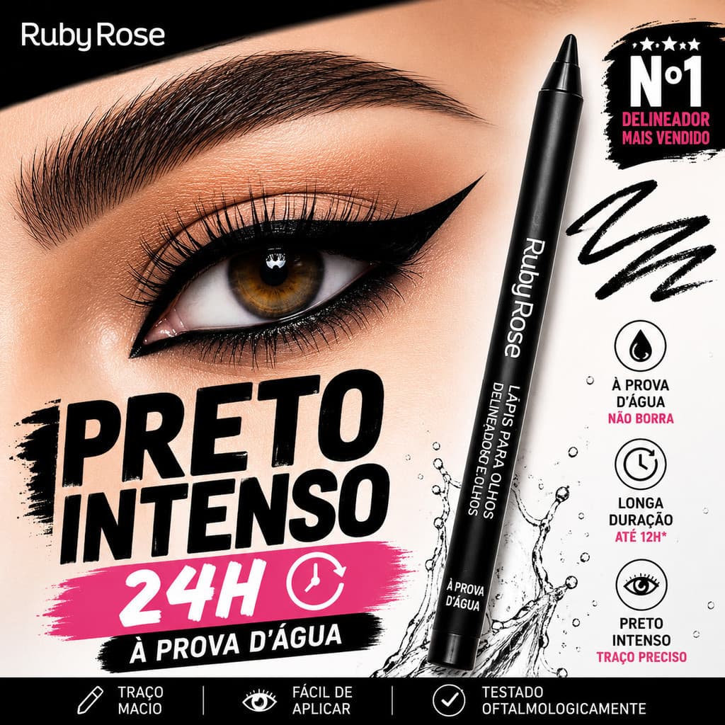 Lápis Delineador Ruby Rose Preto Intenso À Prova D'Água Longa Duração Carbon Black