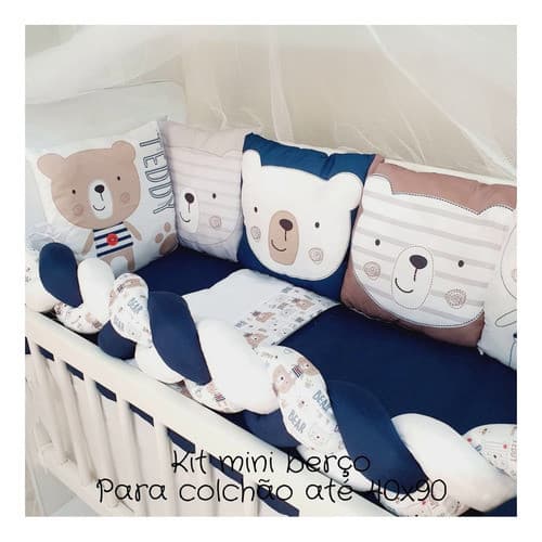 Kit Mini Berço 13 peças Enxoval Bebê Menino Teddy Bear