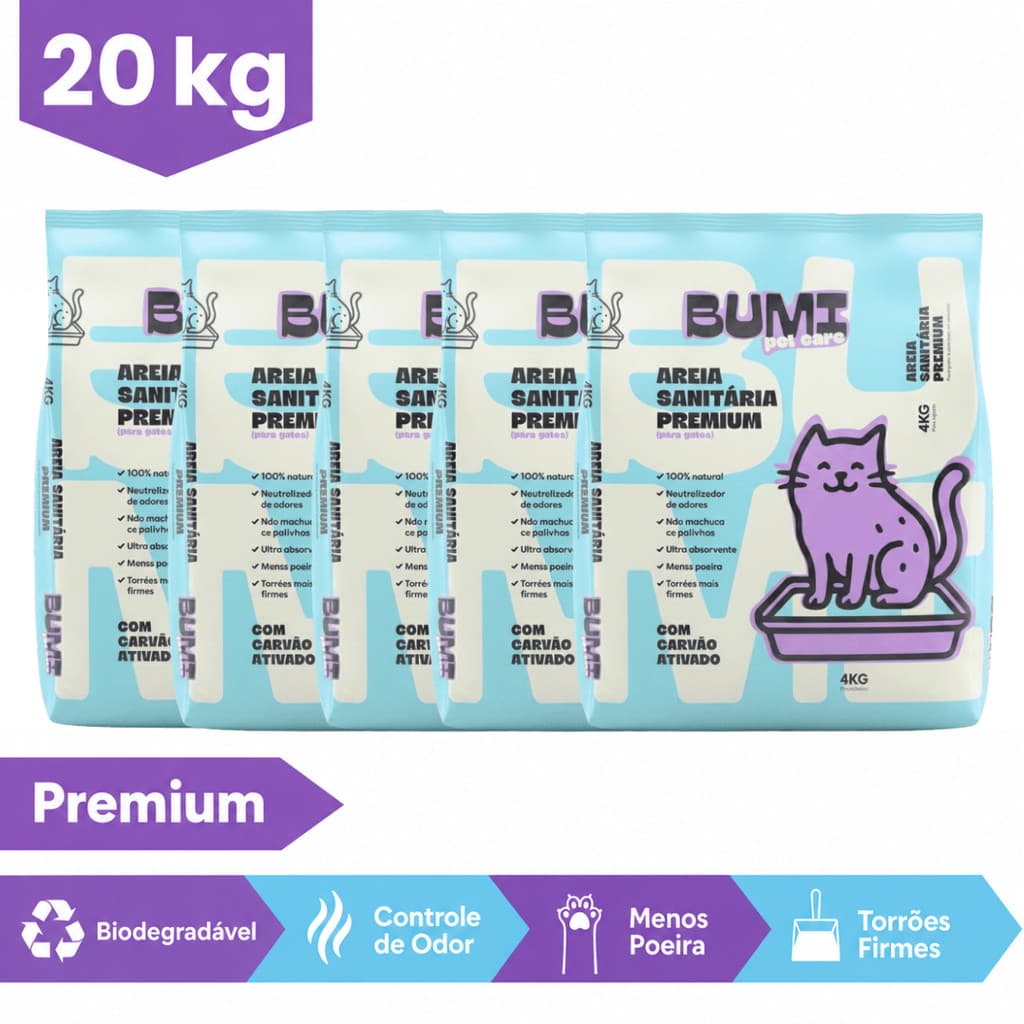 Kit 5un Areia de Gato Sanitária com Carvão Ativado 4kg Bumi Pet Care