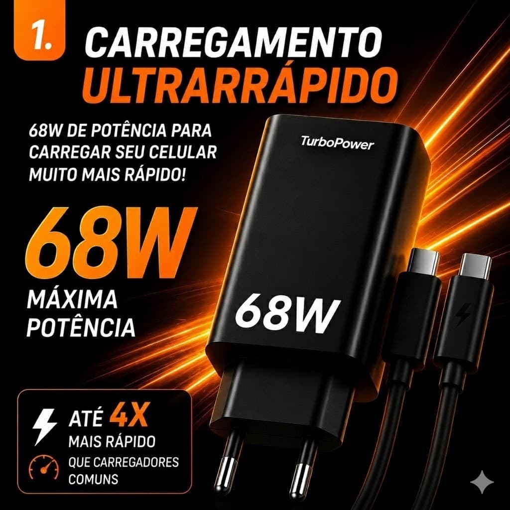 KIT Carregador 68W Turbo UBS - C Tipo C Carga Rápida Fonte e Cabo Compatível Com Celular Android