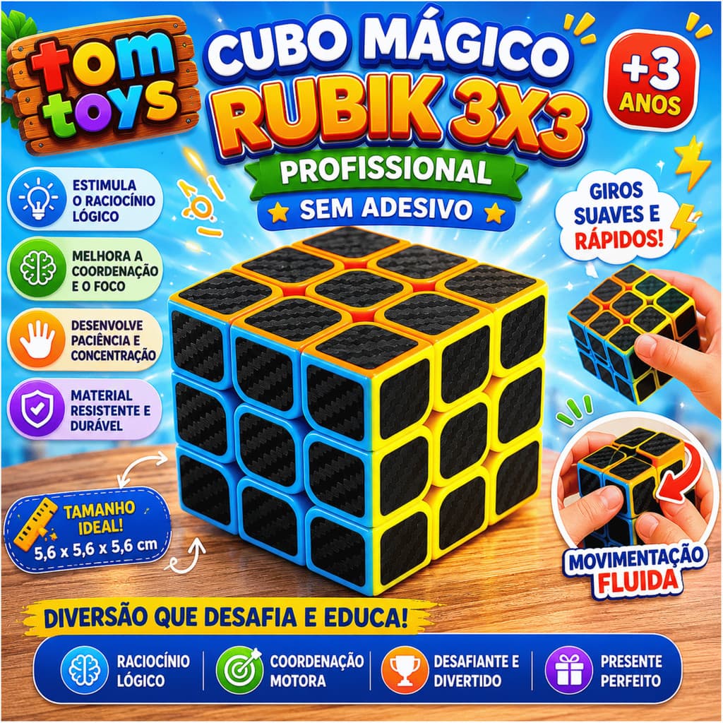 Cubo Mágico Rubik Profissional 3x3 Sem Adesivo / Quebra-Cabeça Infantil Educativo