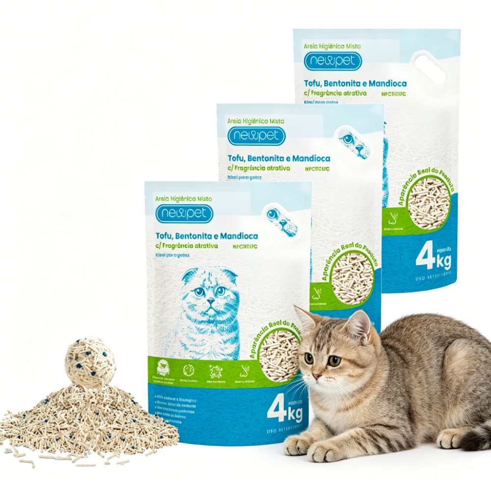 Kit 3 Newpet Areia Sanitária De Tofu, Mandioca e Bentonita Granulado Para Gatos Biodegradável 4kg