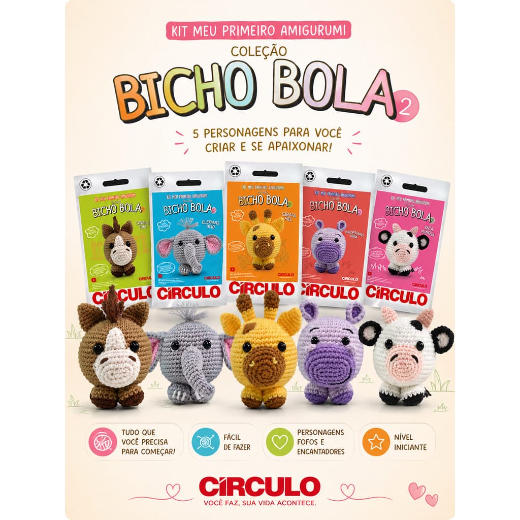 Kit Meu Primeiro Amigurumi Bicho Bola 2 Círculo Crochê