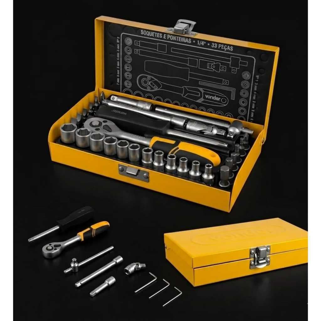Jogo Soquetes e Ponteiras Vonder 33 Peças Encaixe Sextavado 1/4 Pol Kit Ferramentas Completo!