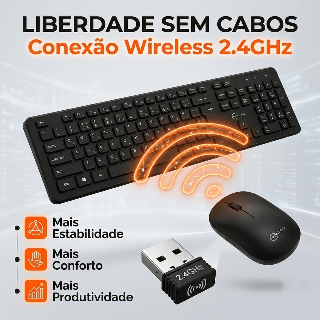 Kit Teclado e Mouse Sem Fio 2.4GHz Wireless USB Plug Play Alcance 10m PC Notebook