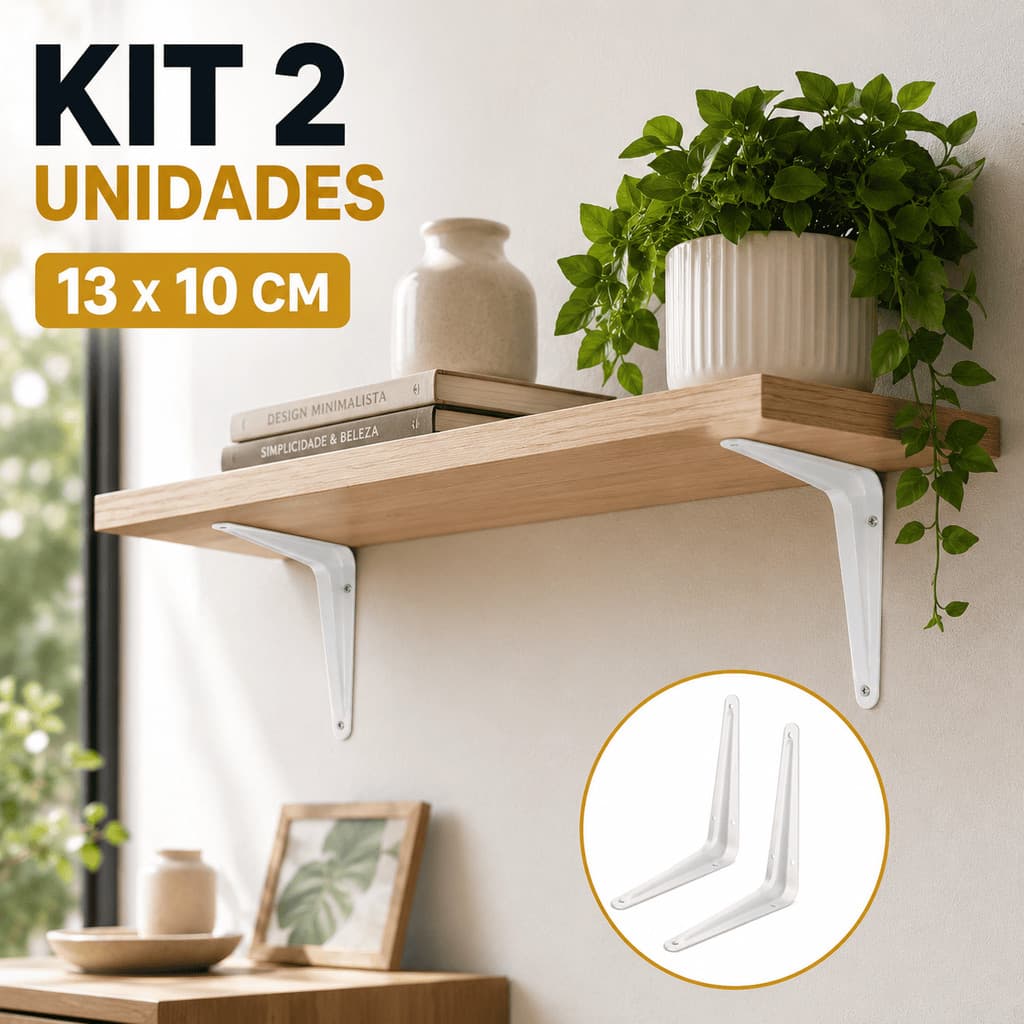 Kit 2 Cantoneira de Metal 13x10cm EM L Branco Suporte Para Prateleira Madeira Parede Casa Decoração Mão Francesa