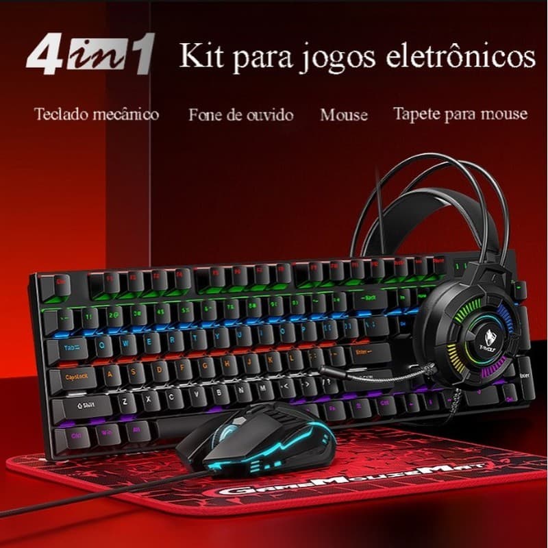 TF700 Teclado Mecânico RGB Teclado Mouse/Mouse Pad/Fone de Ouvido Eixo Verde Conjunto de Quatro Peças