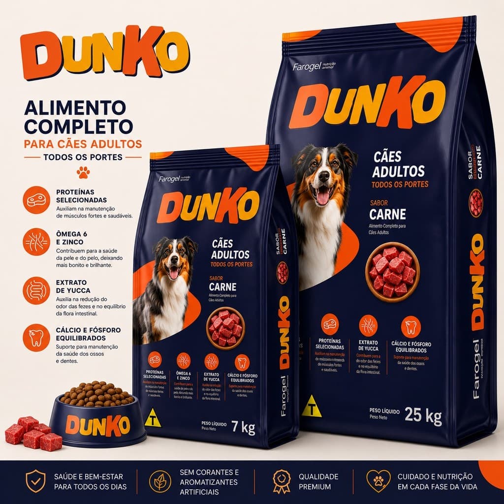 Ração 7 ou 25kg Econômica Para Cão Cachorro Adulto Todas As Raças Sabor Carne Sem Corante Dunko