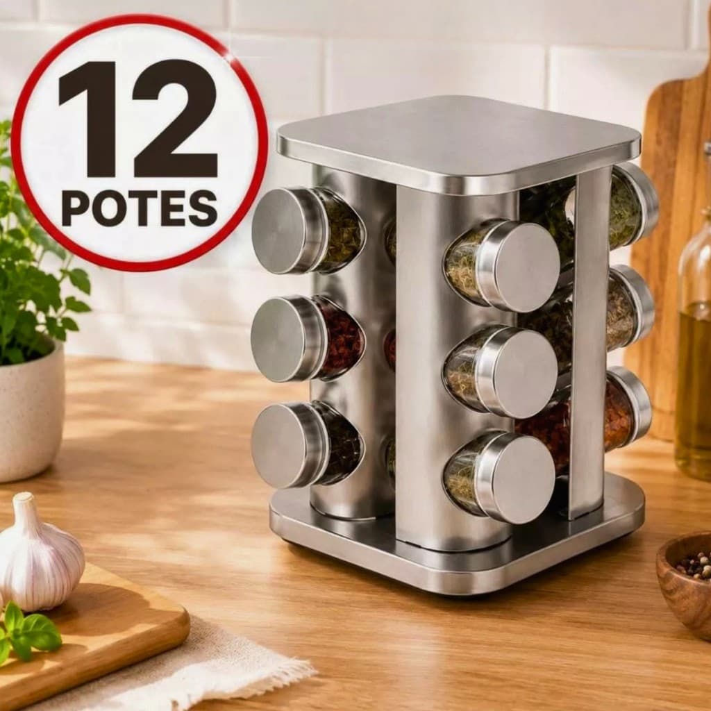 Porta Tempero Giratório 360 Com 12 Potes Vidro Suporte Inox Condimento Cozinha Formato SORTIDO
