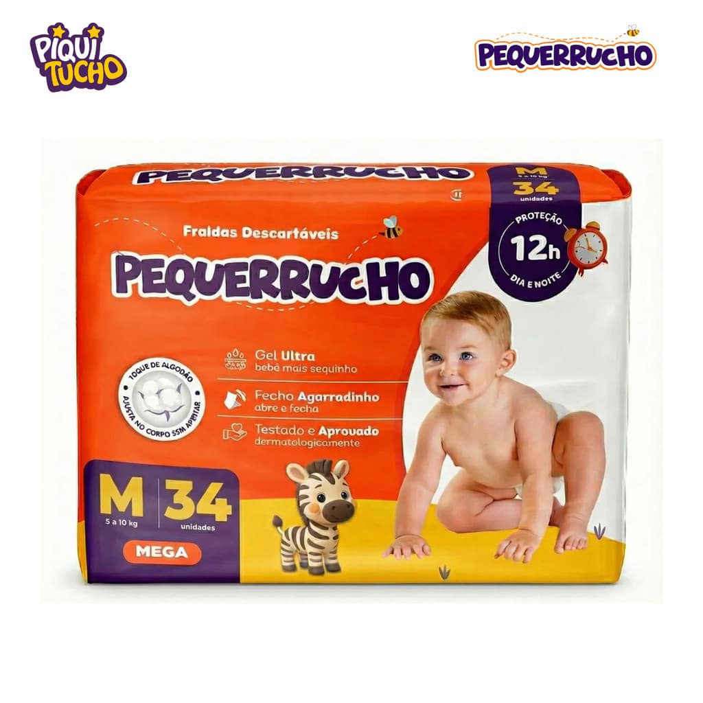 Fralda Cremer Pequerrucho | Tamanho M | 34 unidades |  5 a 10kg | Extra Absorção Conforto Bebê