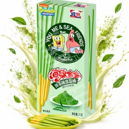 Biscoitos Palitinhos Sponge Bob Matcha Chocolate Branco 21g - Importado