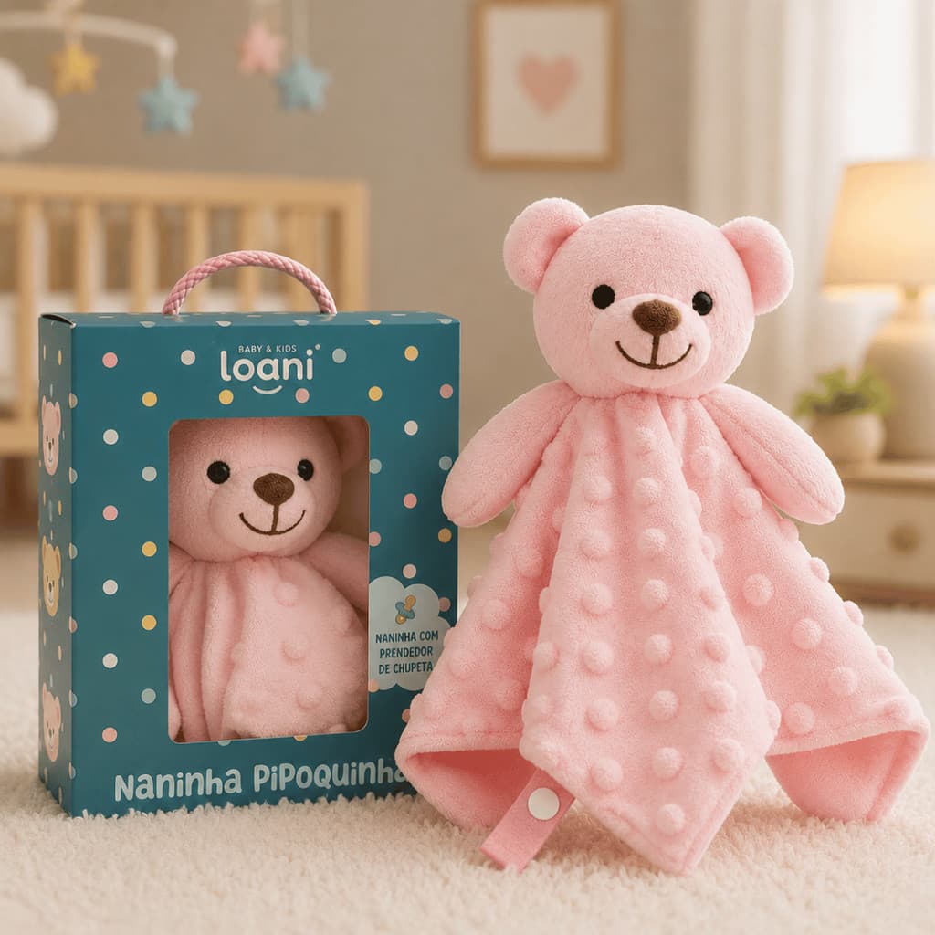 Naninha Bebê Ursinho Rosa Pipoquinha com Prendedor de Chupeta - Pelucia Ursinho Hipoalergenica