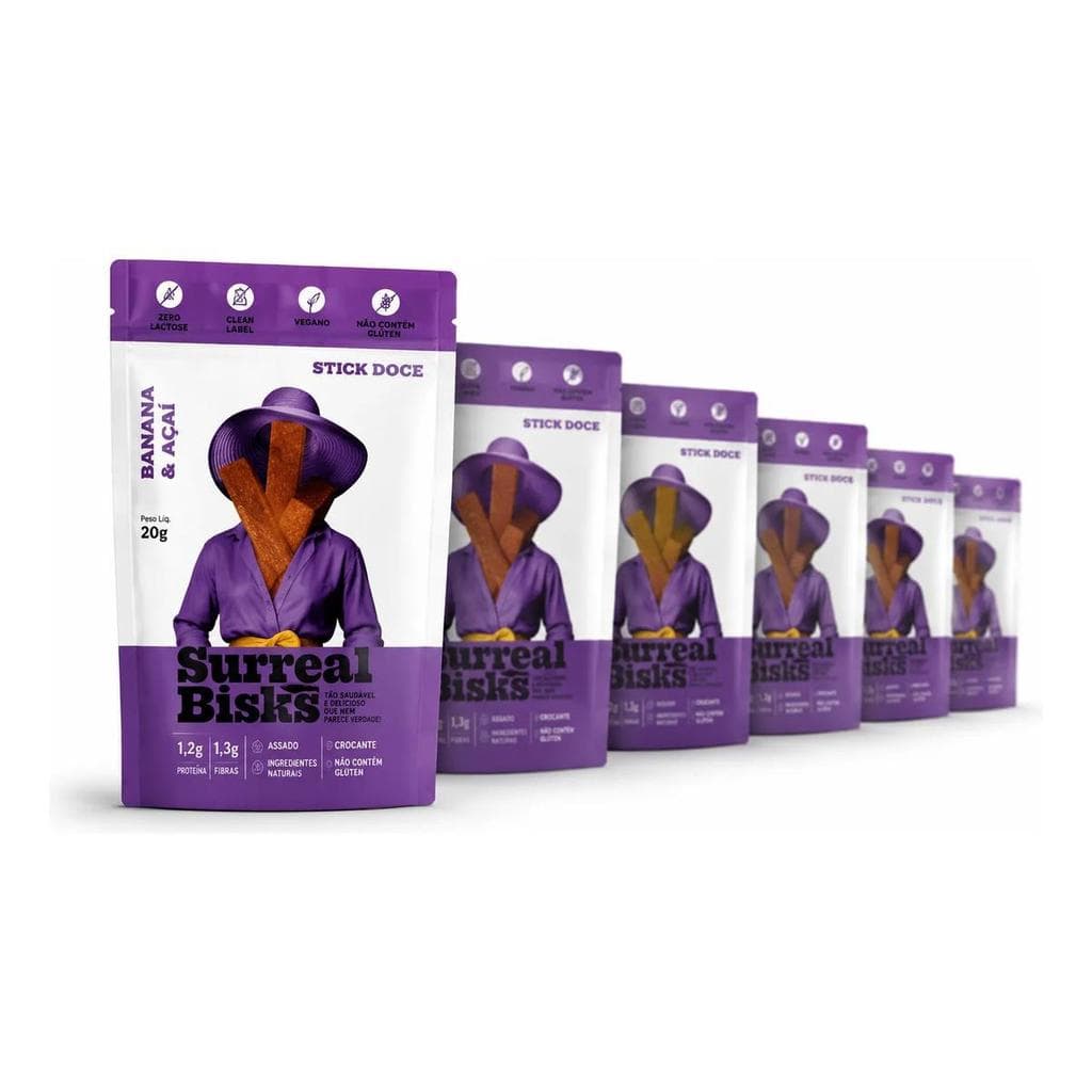 Kit 6 Sticks Surreal Bisks Banana e Açaí 20g Vegano Sem Glúten Snack Fit Natural Crocante e Saudável