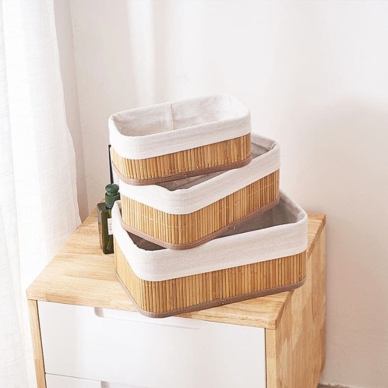 3 Cestos Organizador De Bambu Multiuso Com Forro De Cozinha Banheiro Quarto Maquiagem