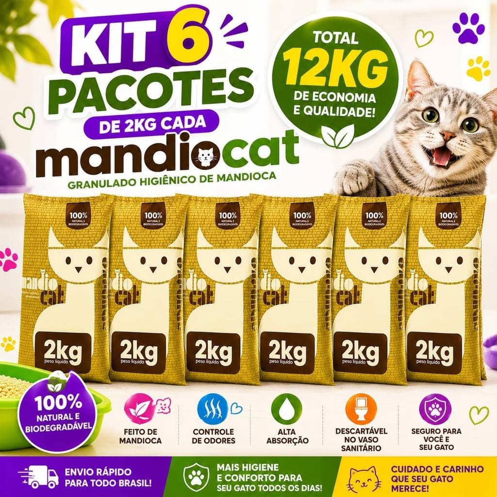Kit 6 Areia MandioCat 12kg Sanitária Pet Gato Zero Odor Higiênica 100% Natural - Envio Rápido