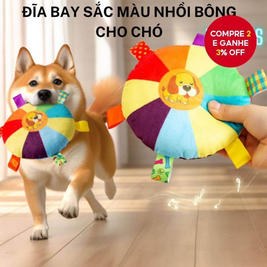 Brinquedos para cães, incluindo brinquedos sonoros, frisbee de pelúcia e opções resistentes para aliviar o tédio.