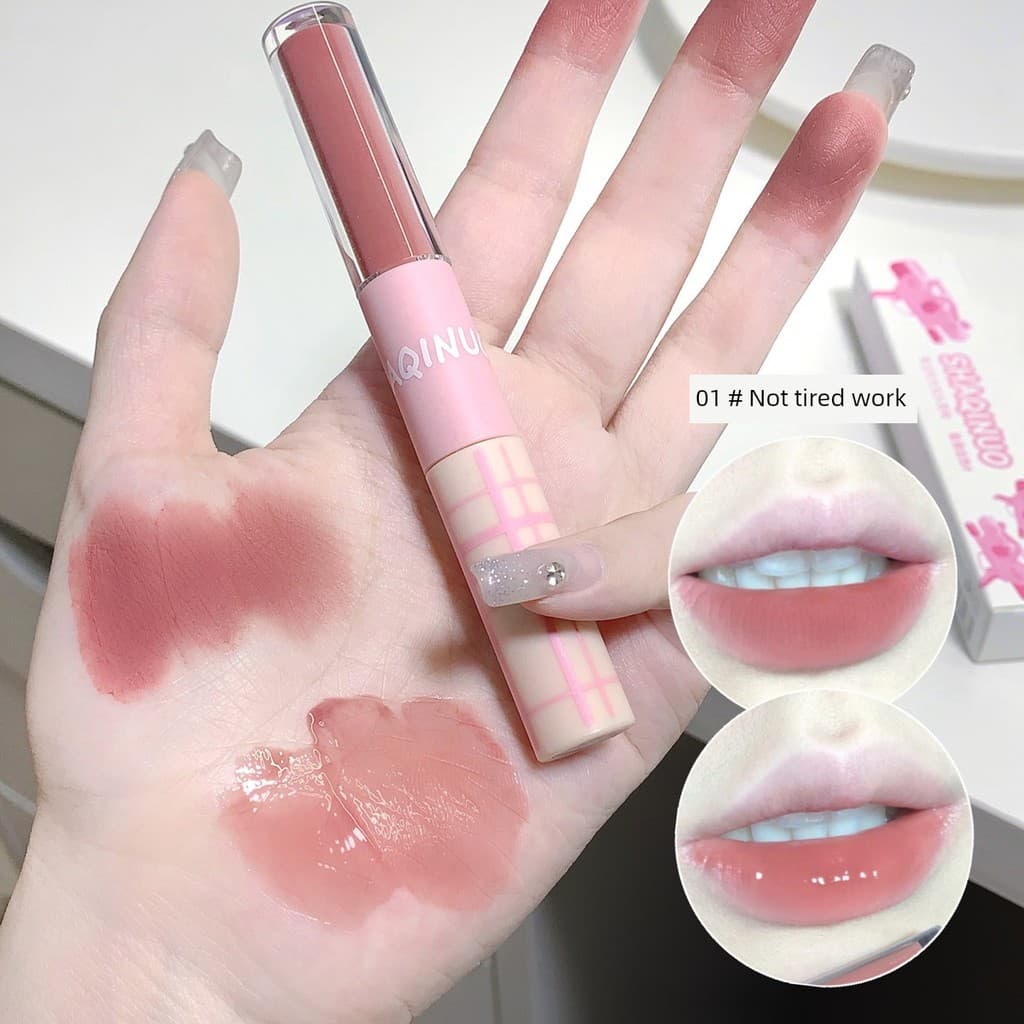 Batom matte aveludado Gloss labial volumoso Batom líquido Um Matte One Matte One Mirror SHAQINUO Dupla Cabeça Lip Glaze