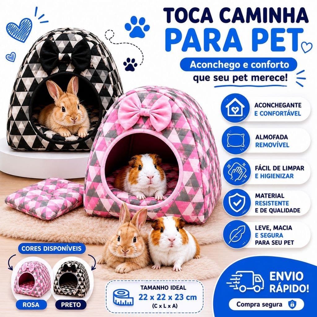Casinha Pet Quentinha Para Coelho e Porquinho da Índia Rosa e Preta