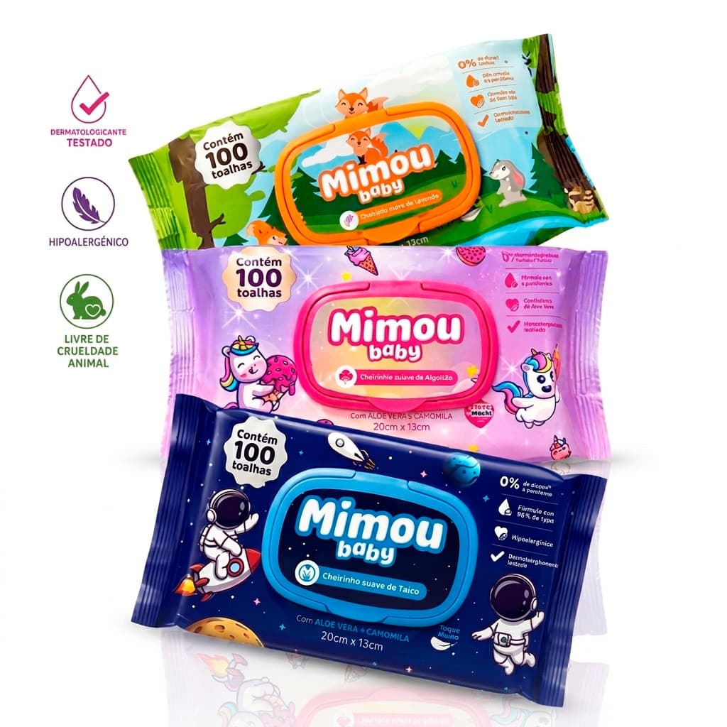 Kit 300 und Toalhas Umedecidas Lenços para Bebês Cheirinho Suave de Ácool Lavanda Algodão Mimou Baby