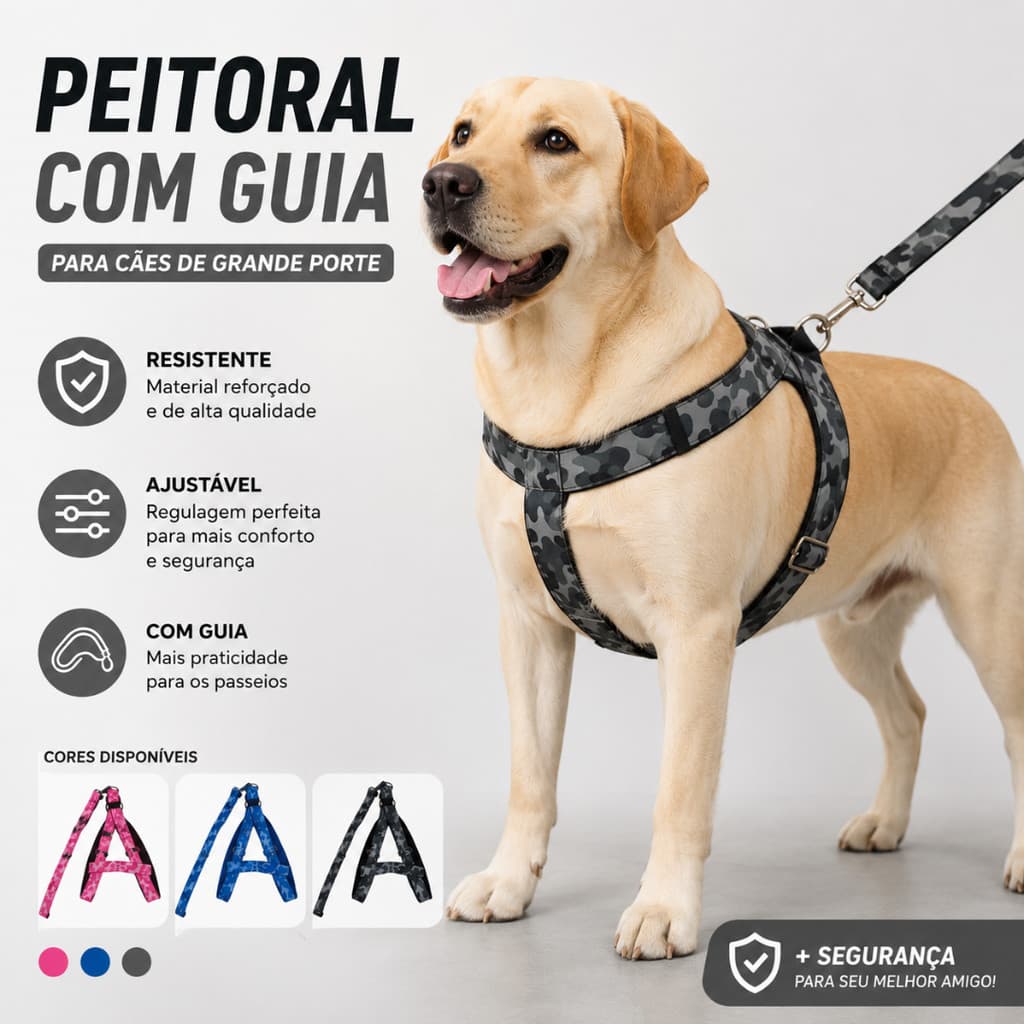 Peitoral Coleira Com Guia Cachorro Cão Grande Medio Porte Forte Resistente Reforçado