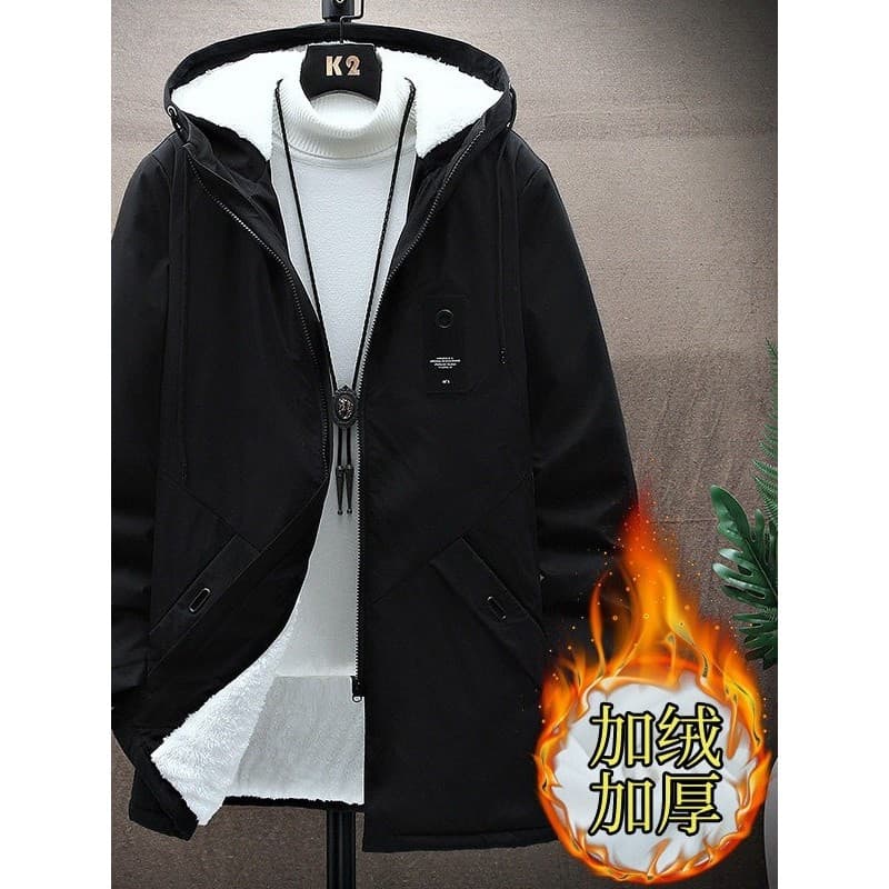 Jaqueta acolchoada masculina forro de lã jaqueta de comprimento médio inverno com capuz jaqueta acolchoada à prova de fr