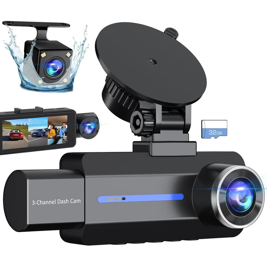 Câmera Veicular Frontal e Traseira, Câmera Tripla para Carro 2.5K+1440P com Cartão de 32GB, Câmera Veicular de 3 Canais 