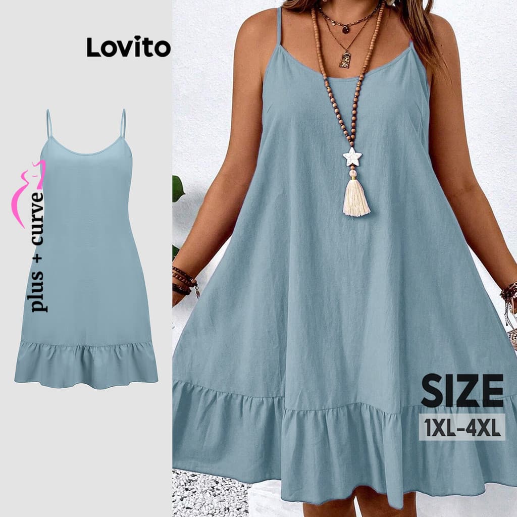 Lovito Vestido Curva Plus Size Casual Com Babados Lisos Para Mulheres LBL18844