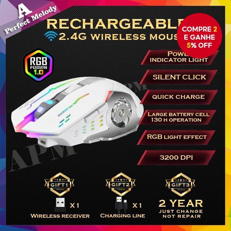  Mouse sem fio com carregamento por indução, silencioso para jogos, mecânico RGB para laptop, PC, escritório, estudo
