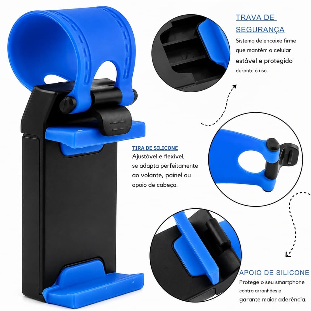 Suporte para Celular no Volante do Carro Universal Ajustável Fivela Montável Acessório de Navegação GPS Direção Portátil