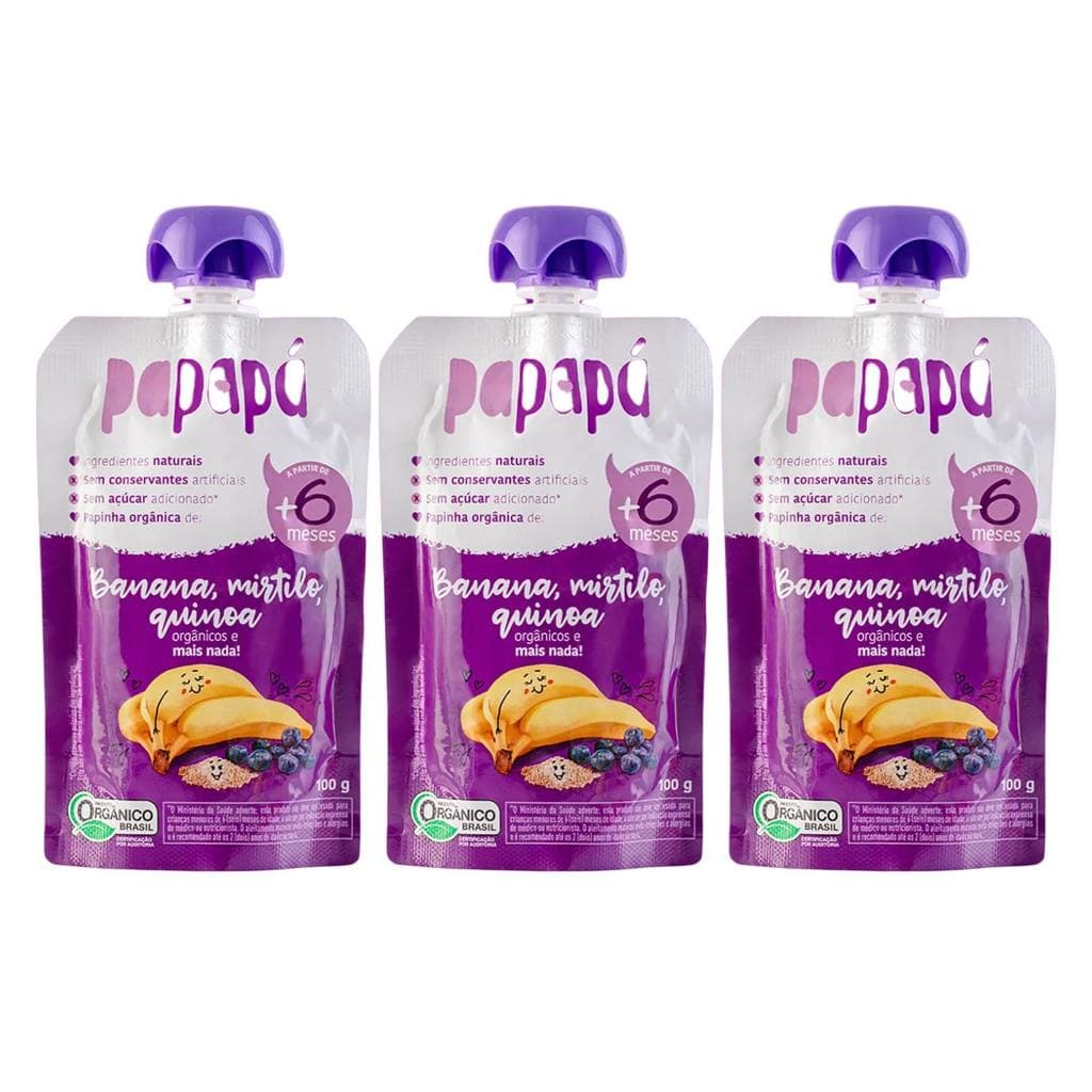Kit Papinha Infantil Orgânica Banana Mirtilo e Quinoa Papapá Sem Açúcar - 3 Unidades 100g
