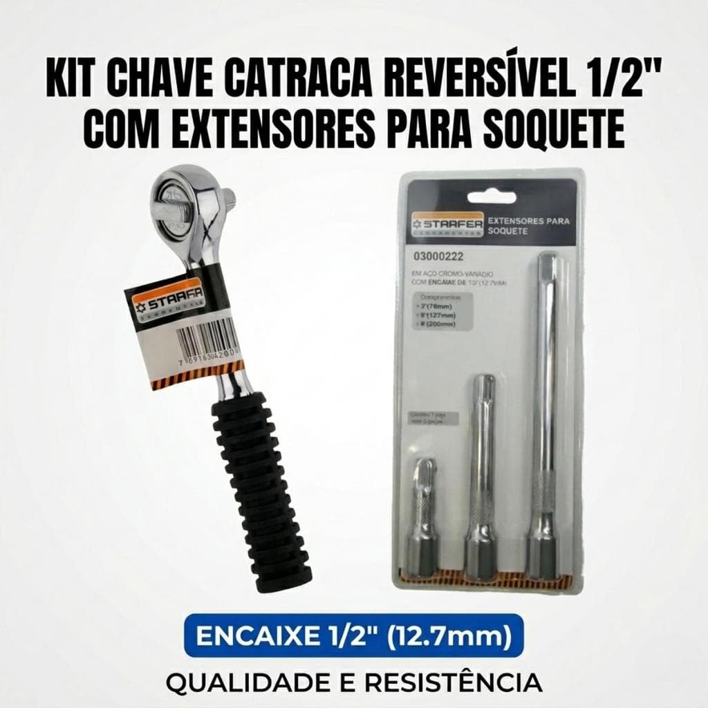 Kit Chave Catraca Reversível 1/2 Profissional + Jogo 3 Extensores De Soquete Starfer Completo