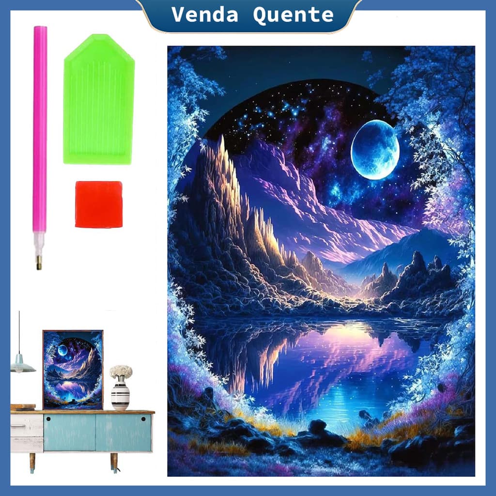 5D pintura diamante redondo, lua azul Paisagem Fantasia pintura artista Pintura decorativa 30x40 cm