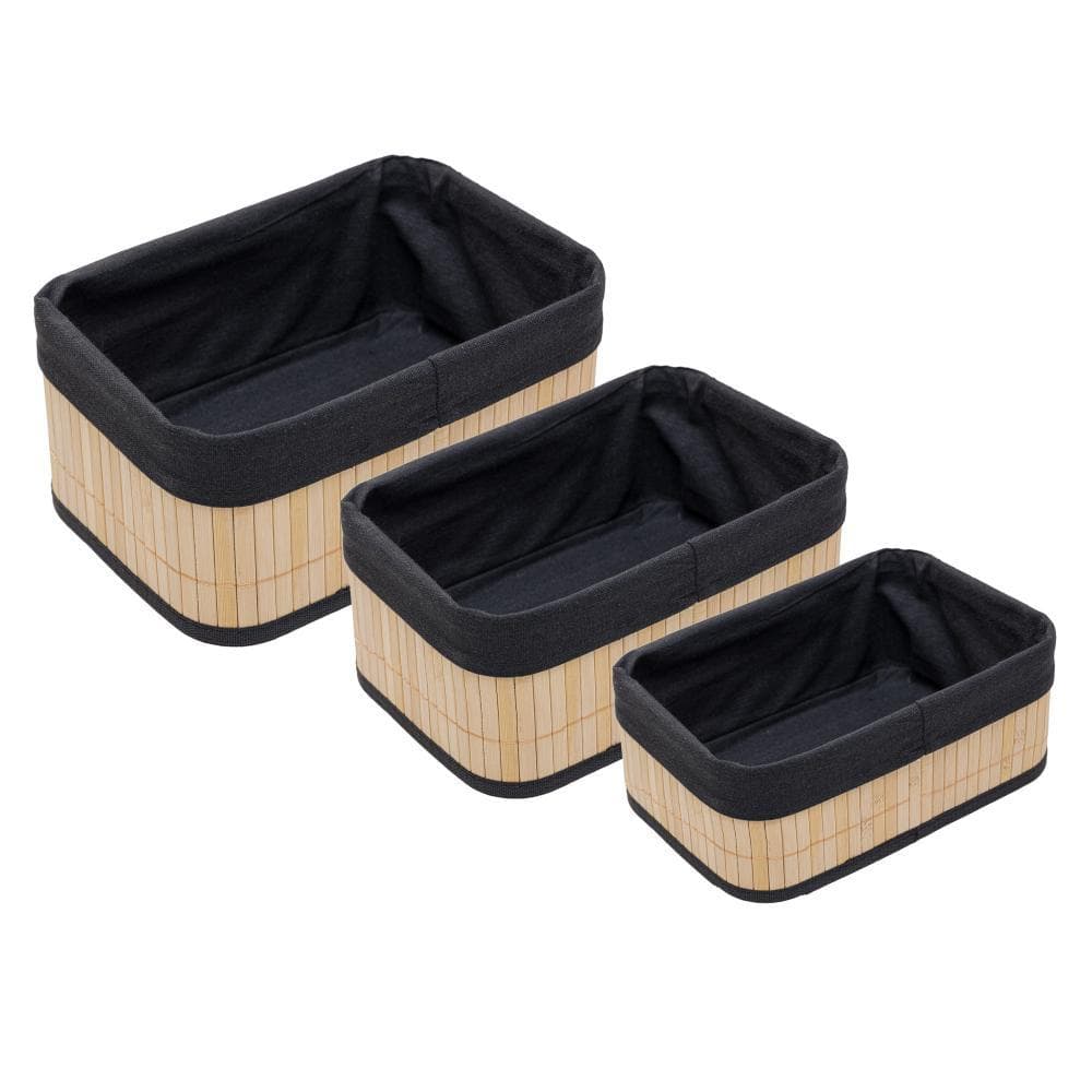 Kit 3 Cestos Retangulares com Forro em Tecido Preto Bambu Organizador Multiuso Closet Banheiro Lavanderia Decoração Casa
