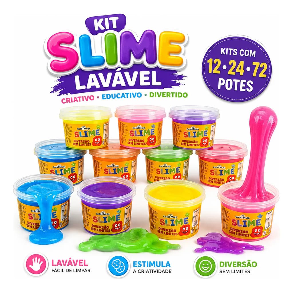 Slime Lavável Infantil Colorido Kit 72 unidades Sensorial Educativo Brinquedo Criativo Festa Escola Lembrancinha