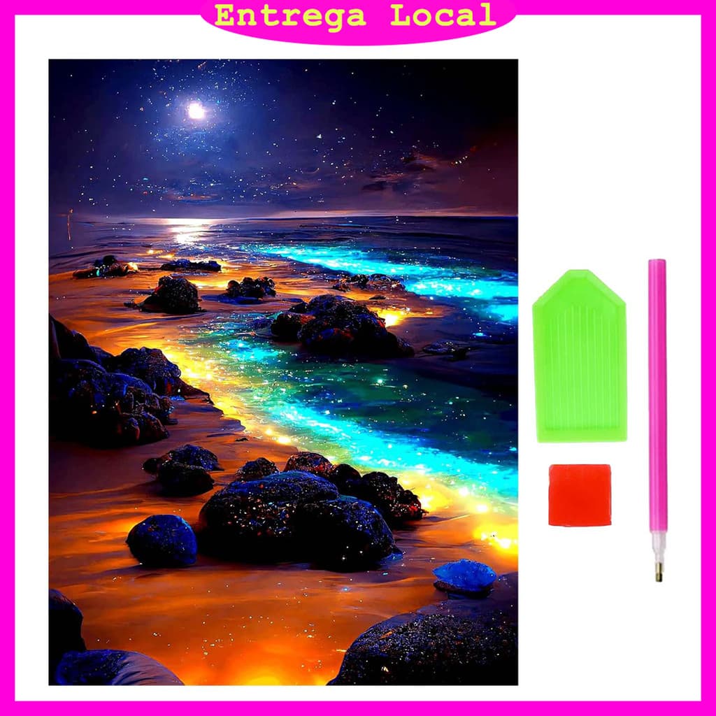 Pintura diamante redonda 5D, pintura da lua da praia, tema da cena noturna, Pintura decorativa do artista, 30x40 cm