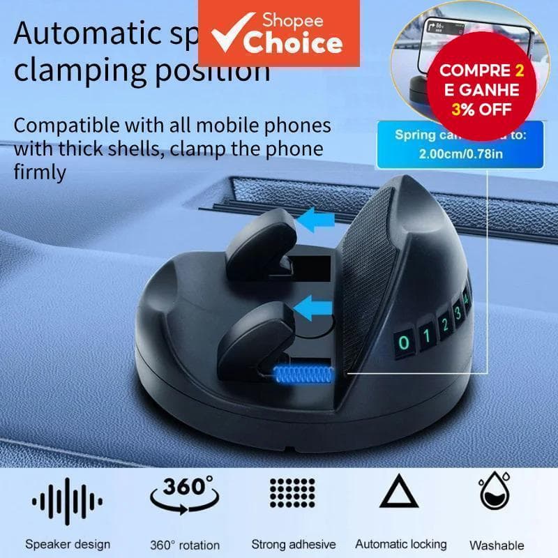 Suporte para telefone de carro rotacionável a 360 graus, estável e universal, com placa de número luminosa.